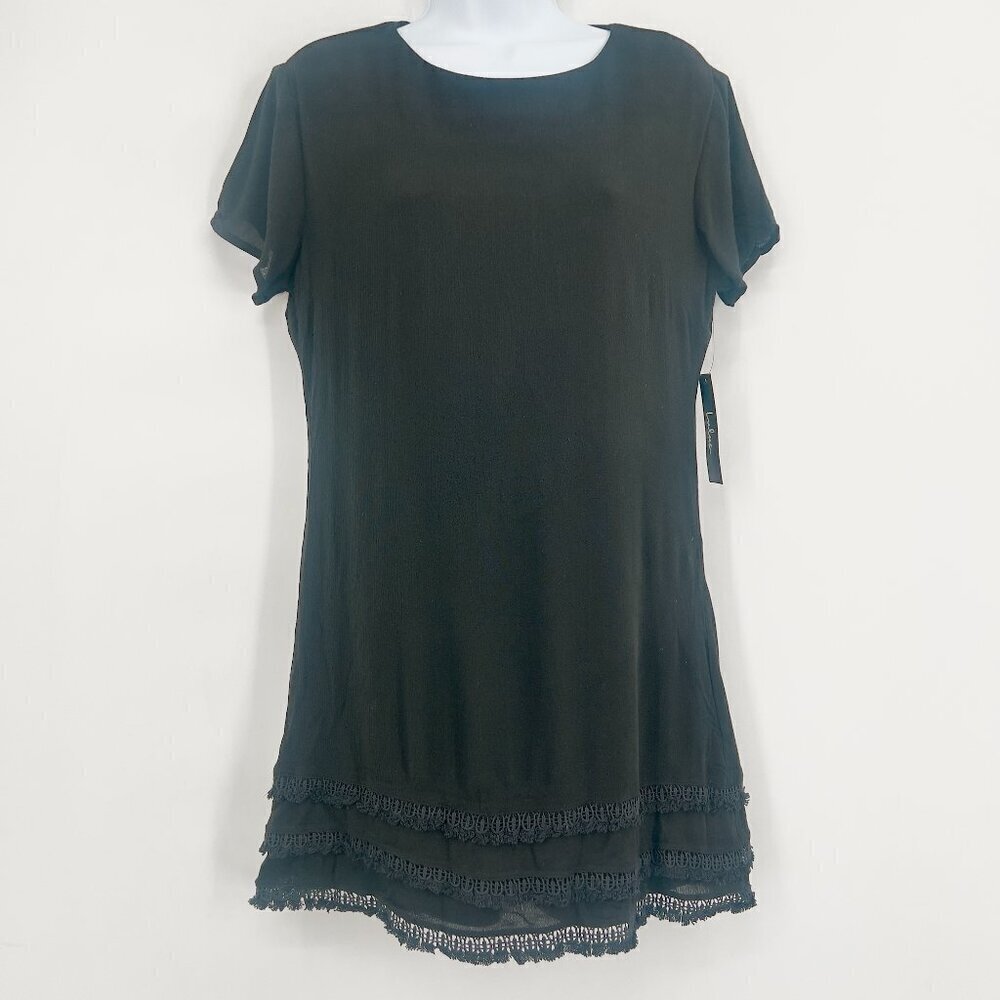 Lulus Black Short Sleeve Mini Dress with Lace Trim – Size M NWT